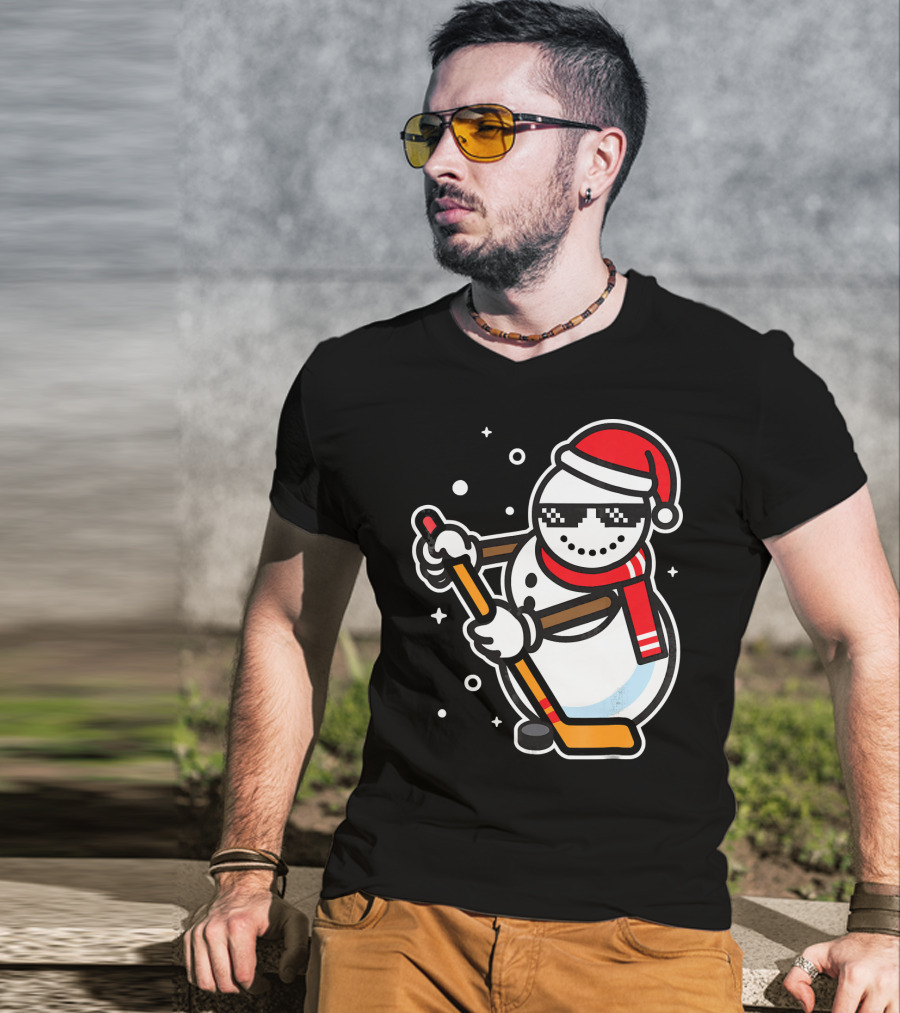 Ice Hockey Player Snowman Funny Boy Cool Nerd Santa T-Shirt