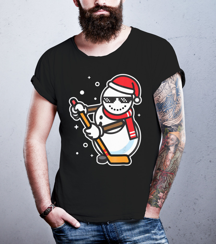 Ice Hockey Player Snowman Funny Boy Cool Nerd Santa T-Shirt