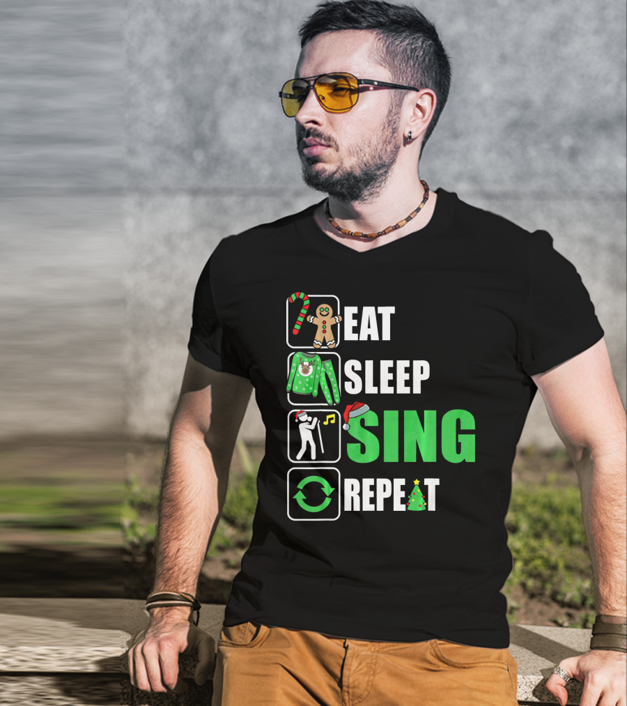 Eat Sleep Sing Repeat Christmas Sweater Singer Candy Cane Gingerbread Music Tree T-Shirt