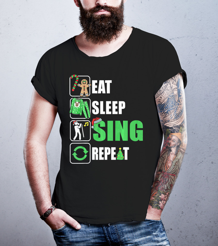 Eat Sleep Sing Repeat Christmas Sweater Singer Candy Cane Gingerbread Music Tree T-Shirt