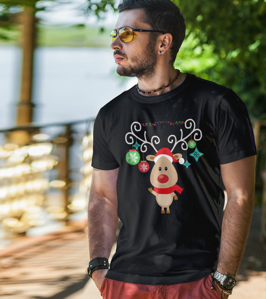 Santa Hat Rudolph Reindeer With Christmas Ornaments Red Nose T-Shirt