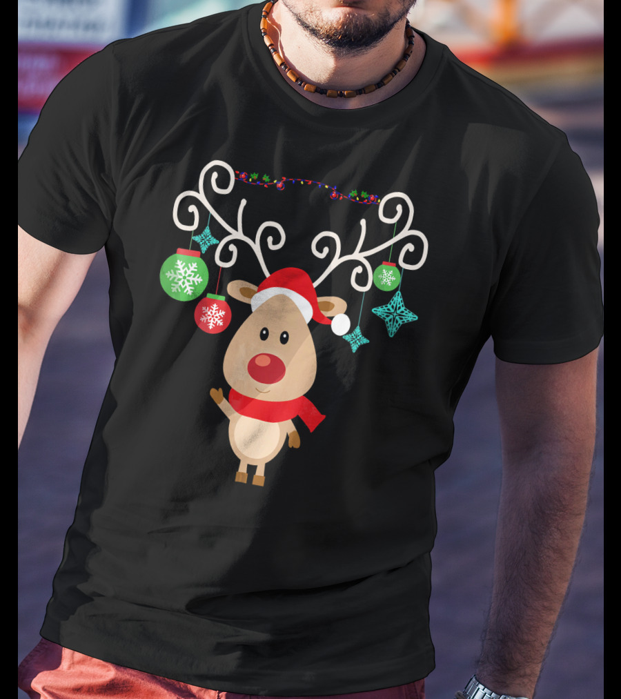 Santa Hat Rudolph Reindeer With Christmas Ornaments Red Nose T-Shirt