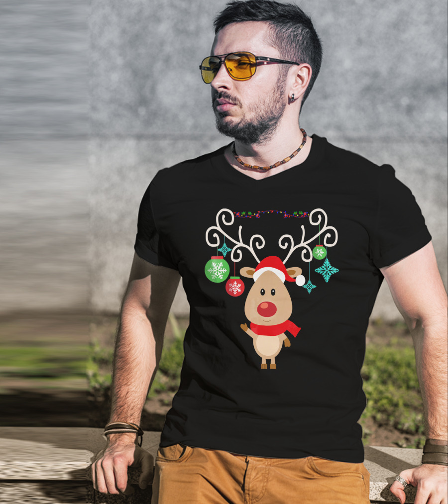 Santa Hat Rudolph Reindeer With Christmas Ornaments Red Nose T-Shirt