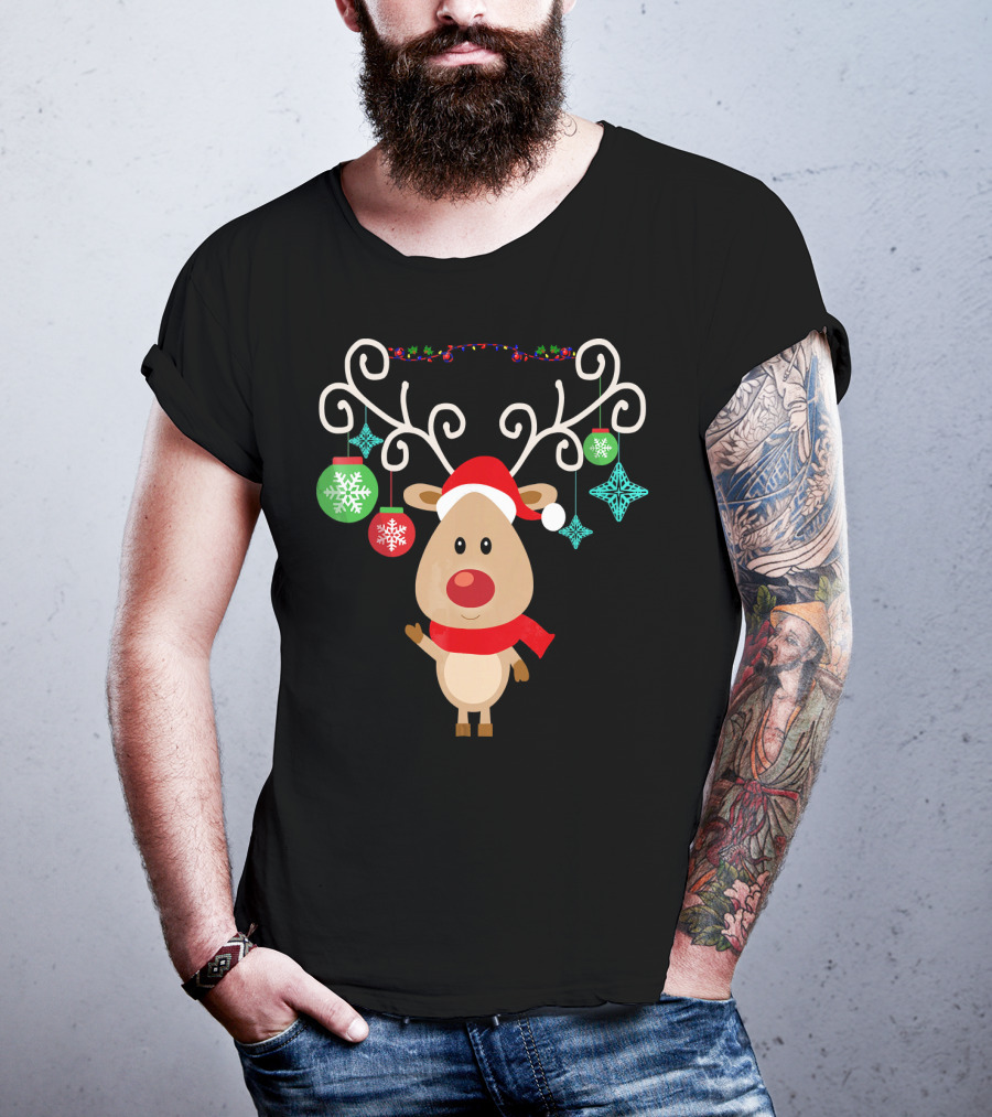 Santa Hat Rudolph Reindeer With Christmas Ornaments Red Nose T-Shirt