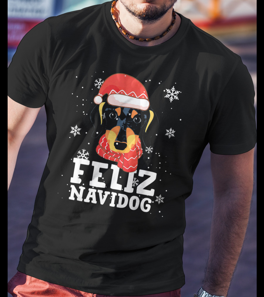 Feliz Navidog Dachshund Dog Christmas Snowflakes Santa Hat Scarf T-Shirt