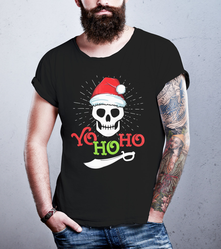Yo Ho Ho Skull Santa Hat Pirate Sword T-Shirt