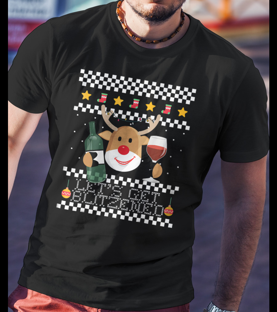 Lets Get Blitzened Reindeer With Wine And Bottle For Christmas T-Shirt