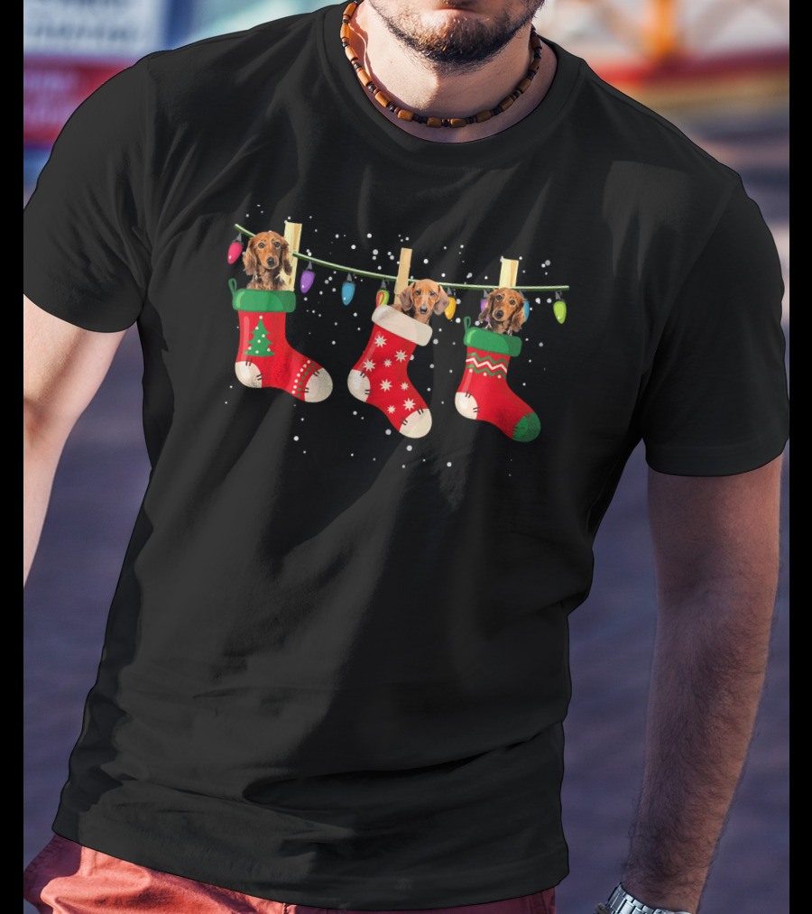Dachshund Puppies In Christmas Stockings With Festive Lights Snowflakes T-Shirt