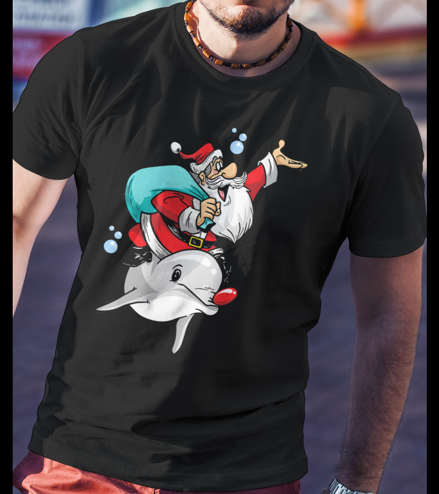 Christmas In July Santa Riding A Rudolph-Nosed Dolphin T-Shirt