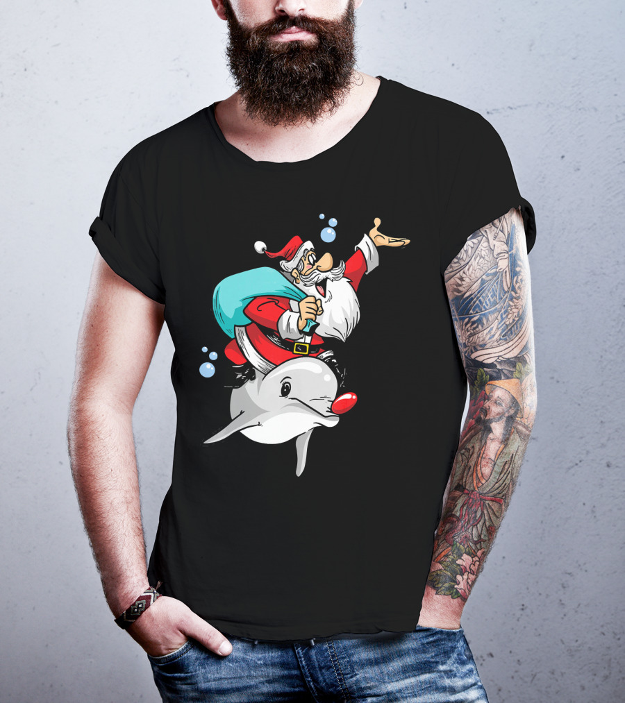 Christmas In July Santa Riding A Rudolph-Nosed Dolphin T-Shirt