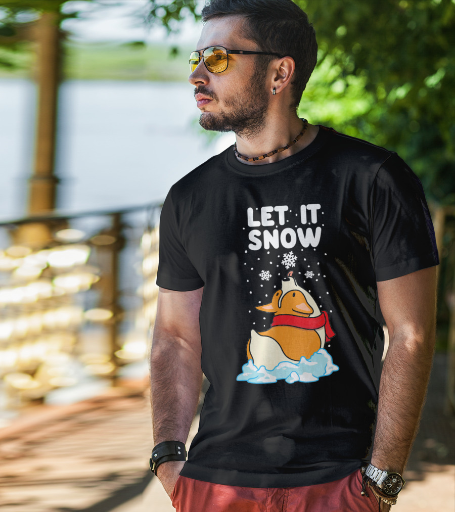 Let It Snow Corgi With Red Scarf In Snowfall T-Shirt