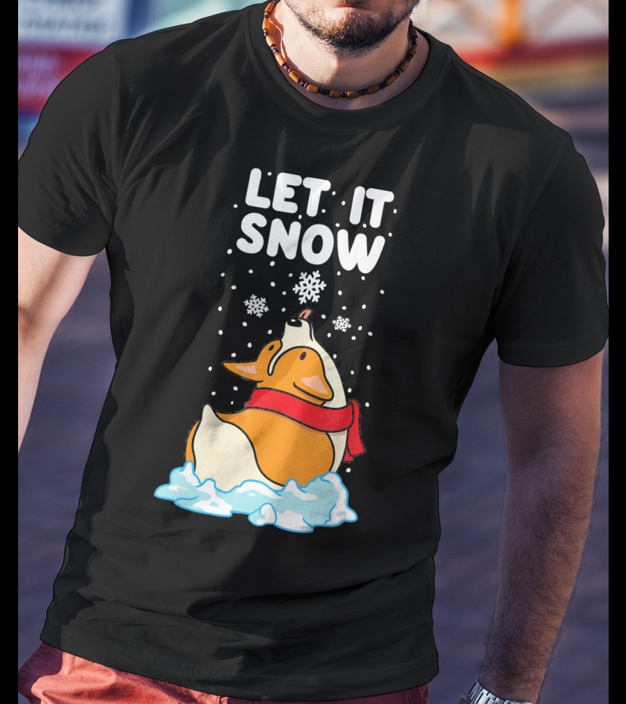 Let It Snow Corgi With Red Scarf In Snowfall T-Shirt