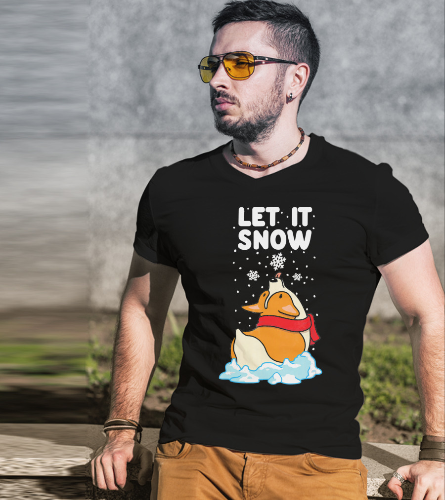 Let It Snow Corgi With Red Scarf In Snowfall T-Shirt