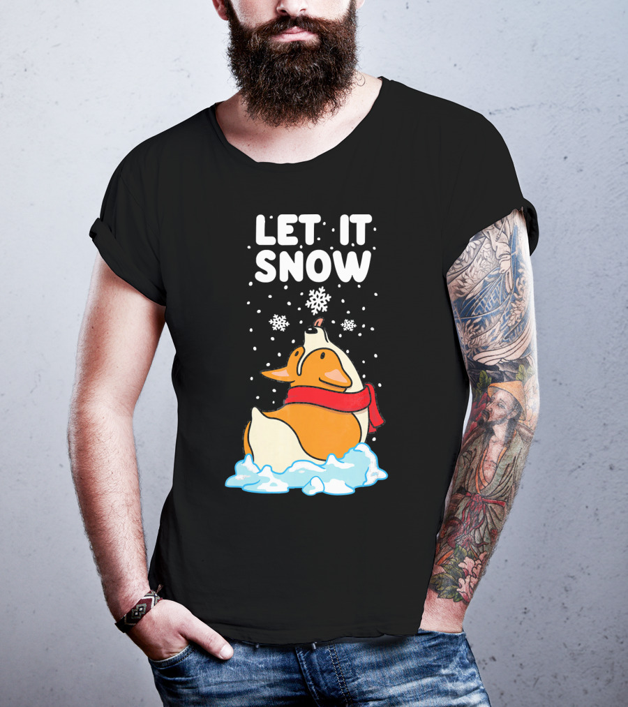 Let It Snow Corgi With Red Scarf In Snowfall T-Shirt