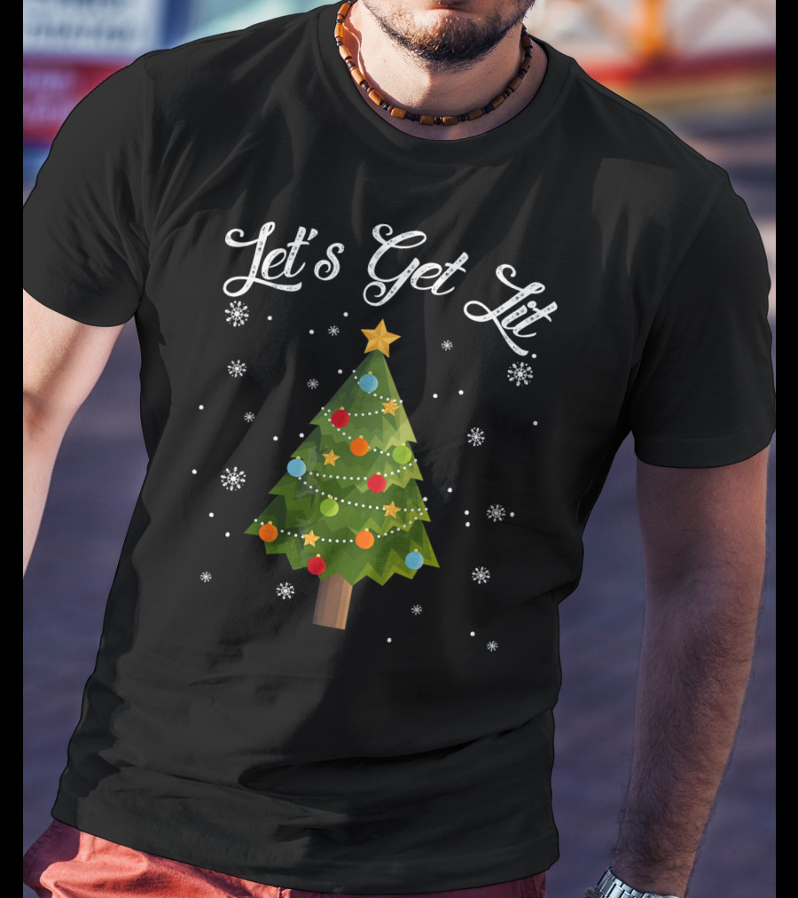 Let's Get Lit Christmas Tree Funny Drink Snowflakes T-Shirt