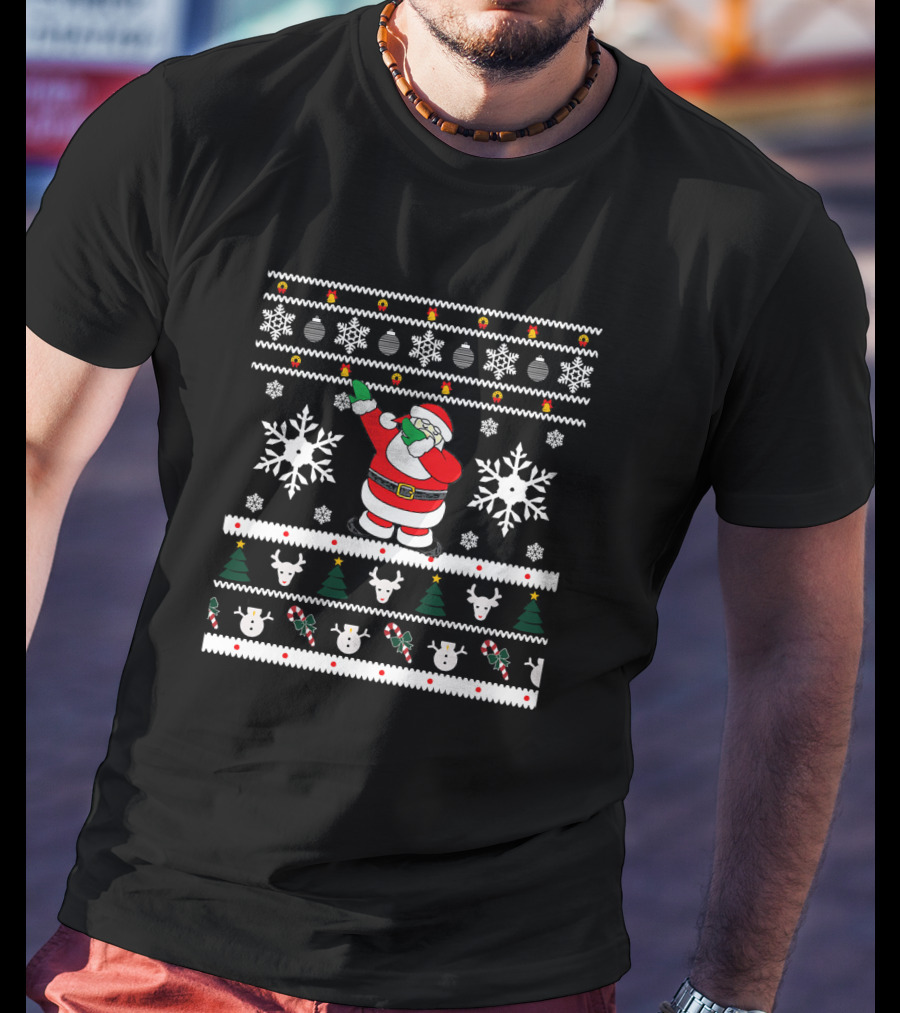 Dabbing Santa Ugly Christmas Snowflakes And Reindeer T-Shirt