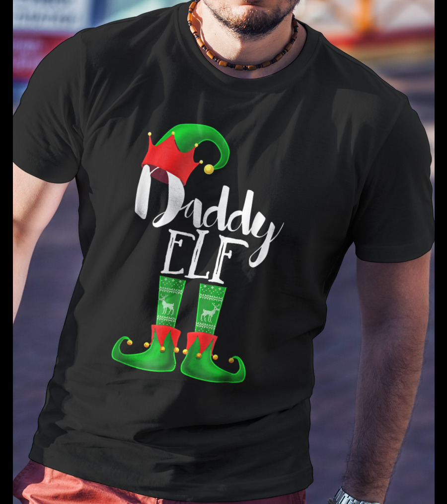 Daddy Elf Christmas Hat And Boots With Festive Green Socks T-Shirt