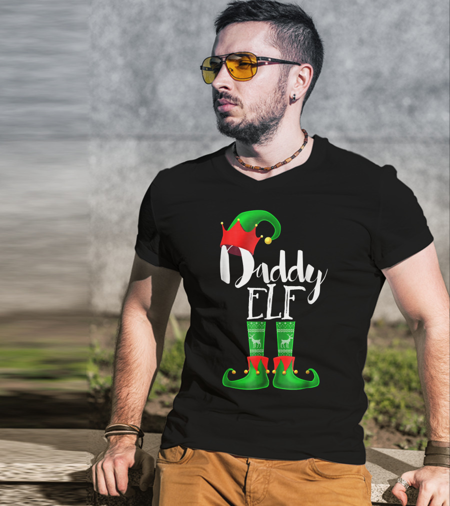 Daddy Elf Christmas Hat And Boots With Festive Green Socks T-Shirt