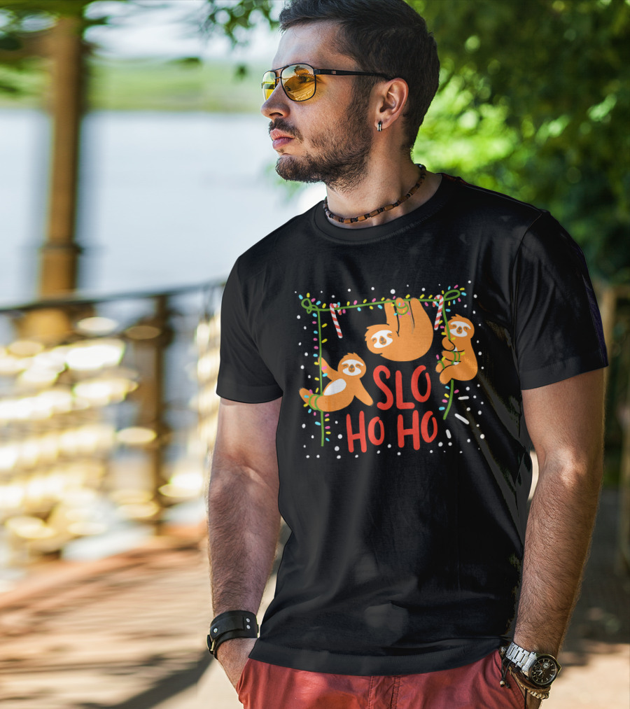 Slo Ho Ho Ho Christmas Sloth Hanging With Candy Cane And Lights T-Shirt