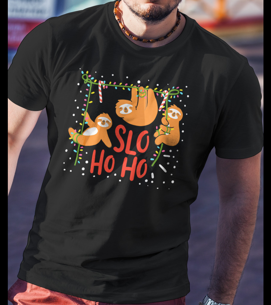 Slo Ho Ho Ho Christmas Sloth Hanging With Candy Cane And Lights T-Shirt