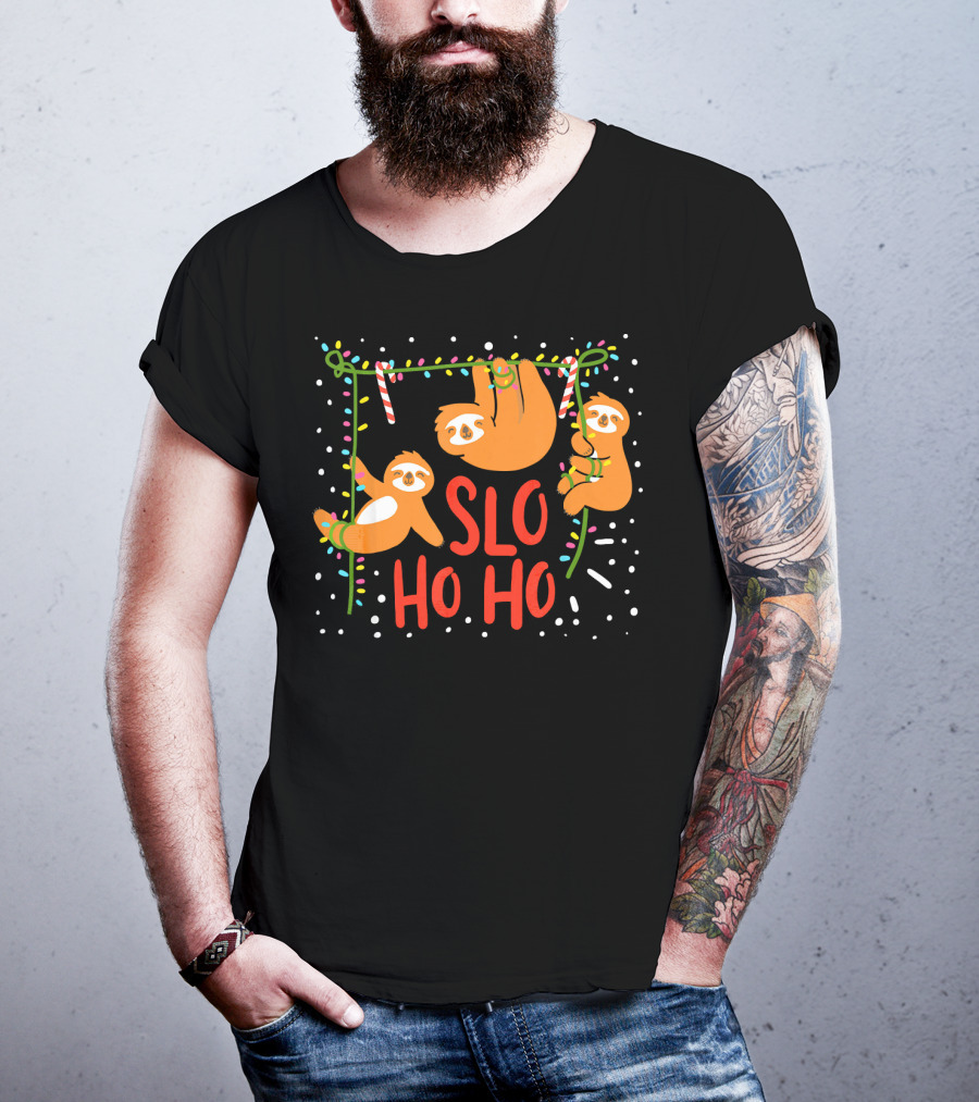 Slo Ho Ho Ho Christmas Sloth Hanging With Candy Cane And Lights T-Shirt
