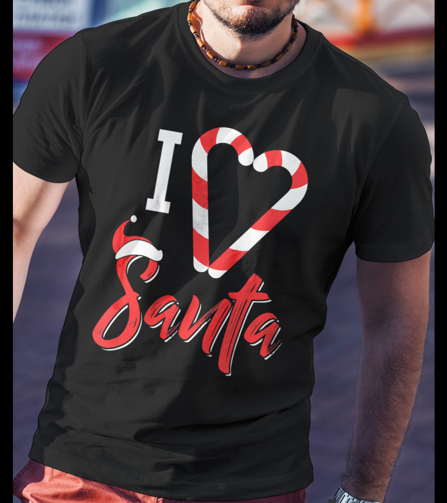 Christmas I Love Santa Candy Cane Heart With Santa Hat T-Shirt