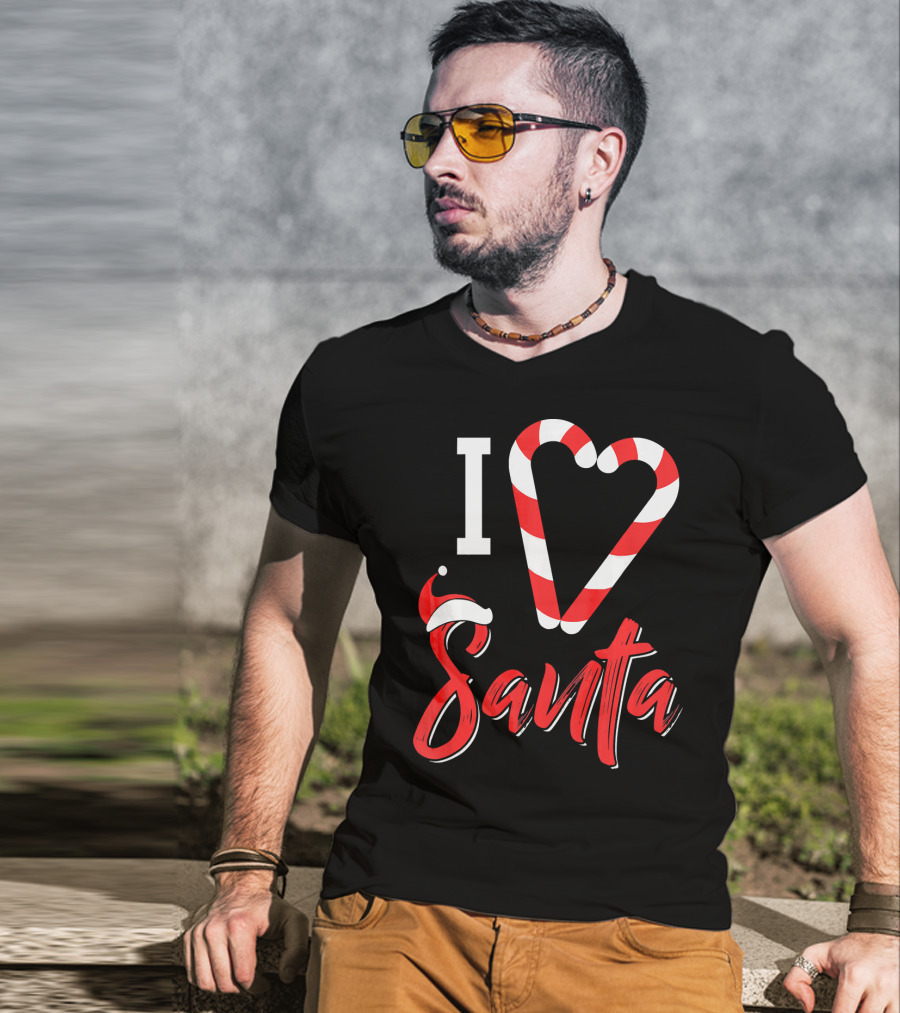 Christmas I Love Santa Candy Cane Heart With Santa Hat T-Shirt