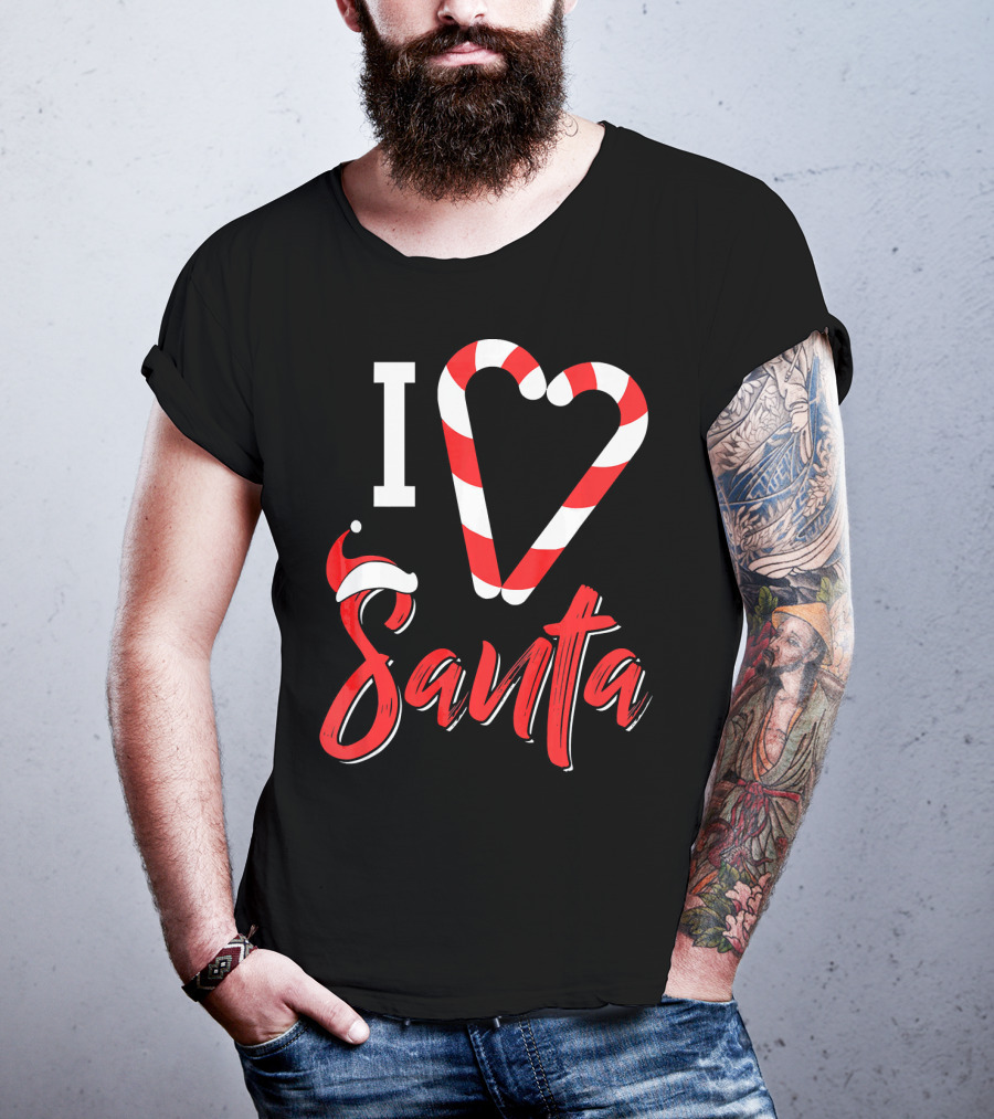 Christmas I Love Santa Candy Cane Heart With Santa Hat T-Shirt