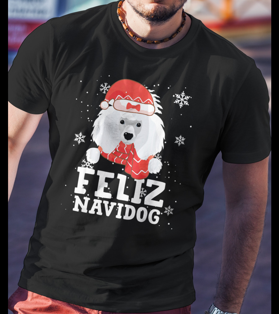 Feliz Navidog Poodle Dog Snowflakes Santa Hat Red Scarf T-Shirt