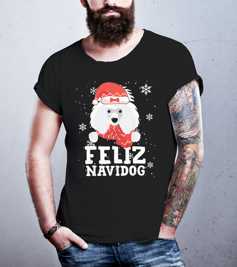 Feliz Navidog Poodle Dog Snowflakes Santa Hat Red Scarf T-Shirt