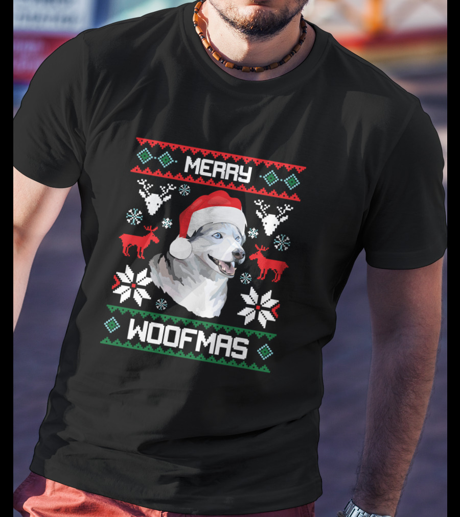 Merry Woofmas Siberian Husky Dog In Santa Hat With Reindeer And Snowflakes T-Shirt