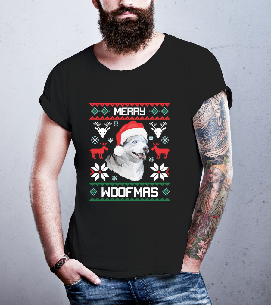 Merry Woofmas Siberian Husky Dog In Santa Hat With Reindeer And Snowflakes T-Shirt