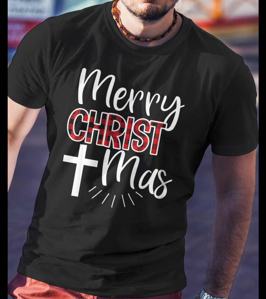 Merry CHRISTmas Cross Buffalo Plaid Christian T-Shirt