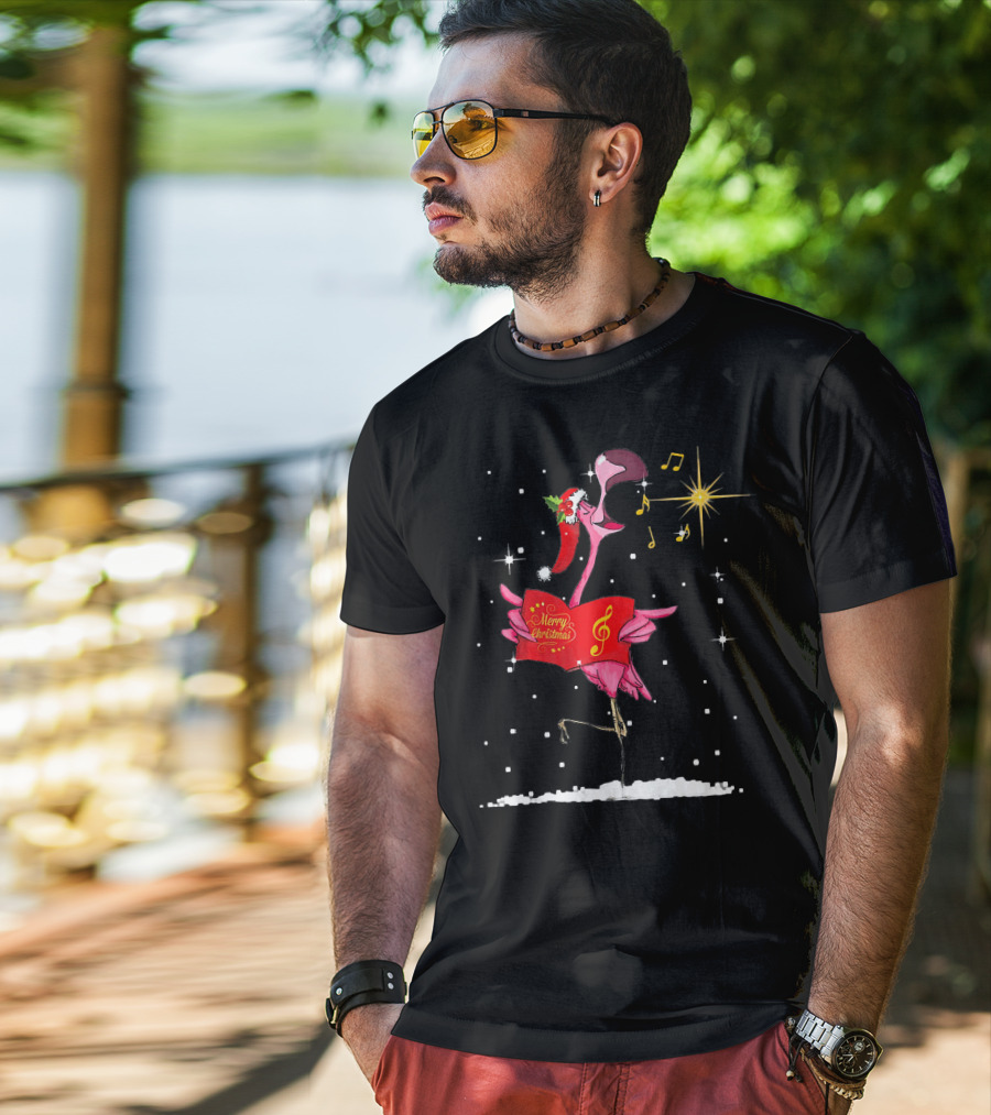 Funny Flamingo Sings Merry Christmas Song With Musical Notes And Santa Hat T-Shirt