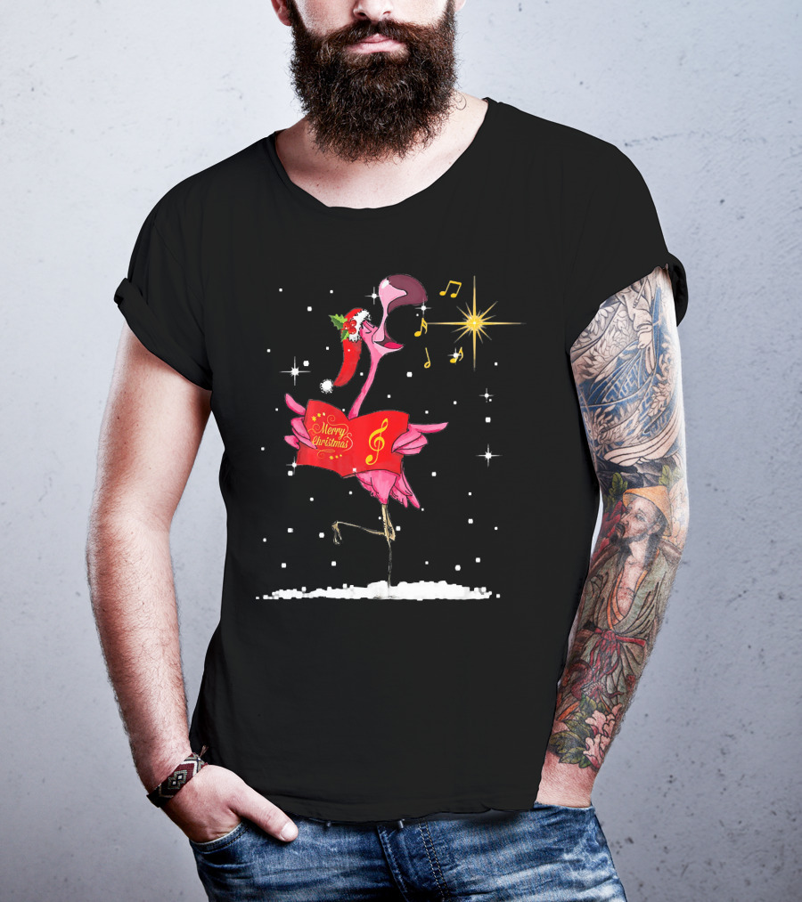 Funny Flamingo Sings Merry Christmas Song With Musical Notes And Santa Hat T-Shirt