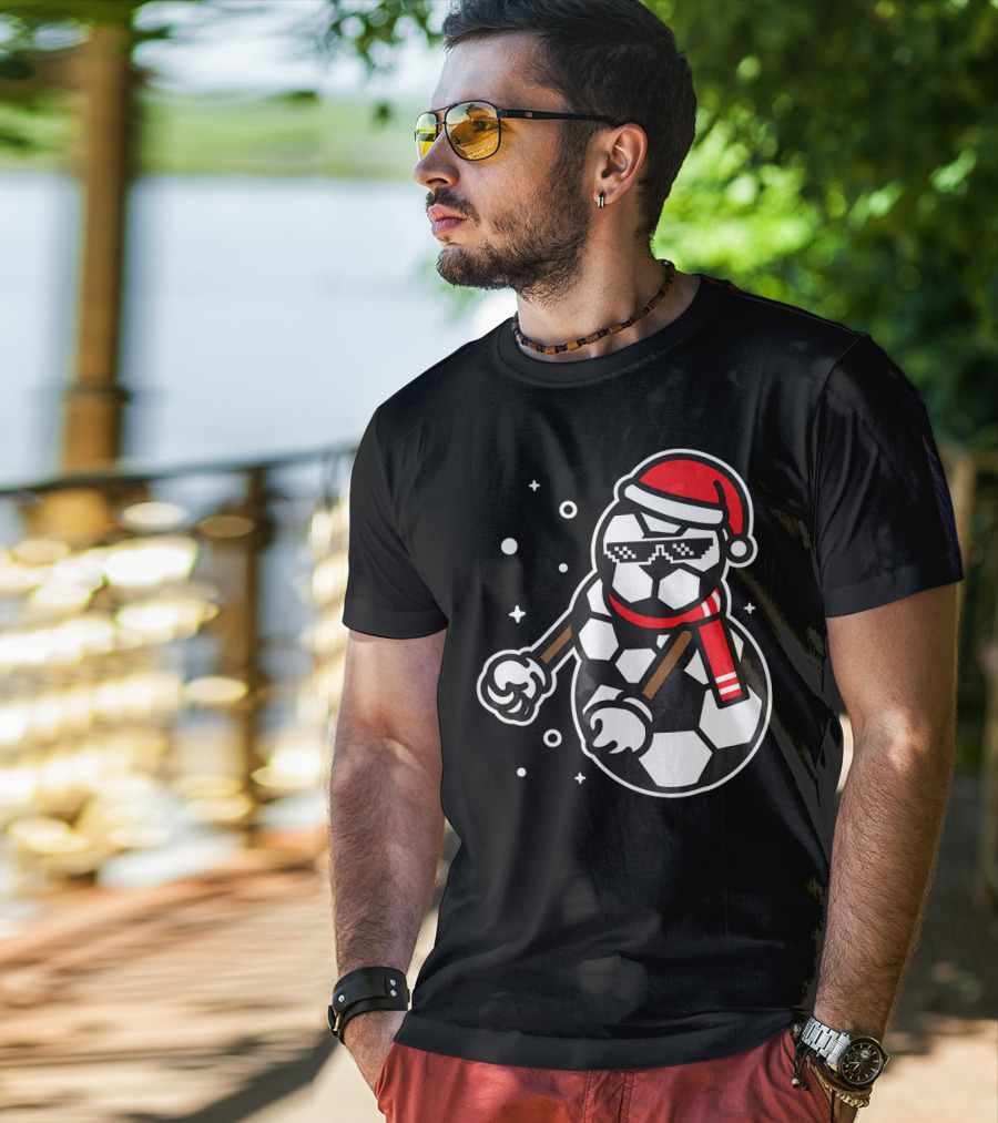 Soccer Player Snowman Funny Boy Girl Christmas Cool Santa Hat Pixel Glasses T-Shirt