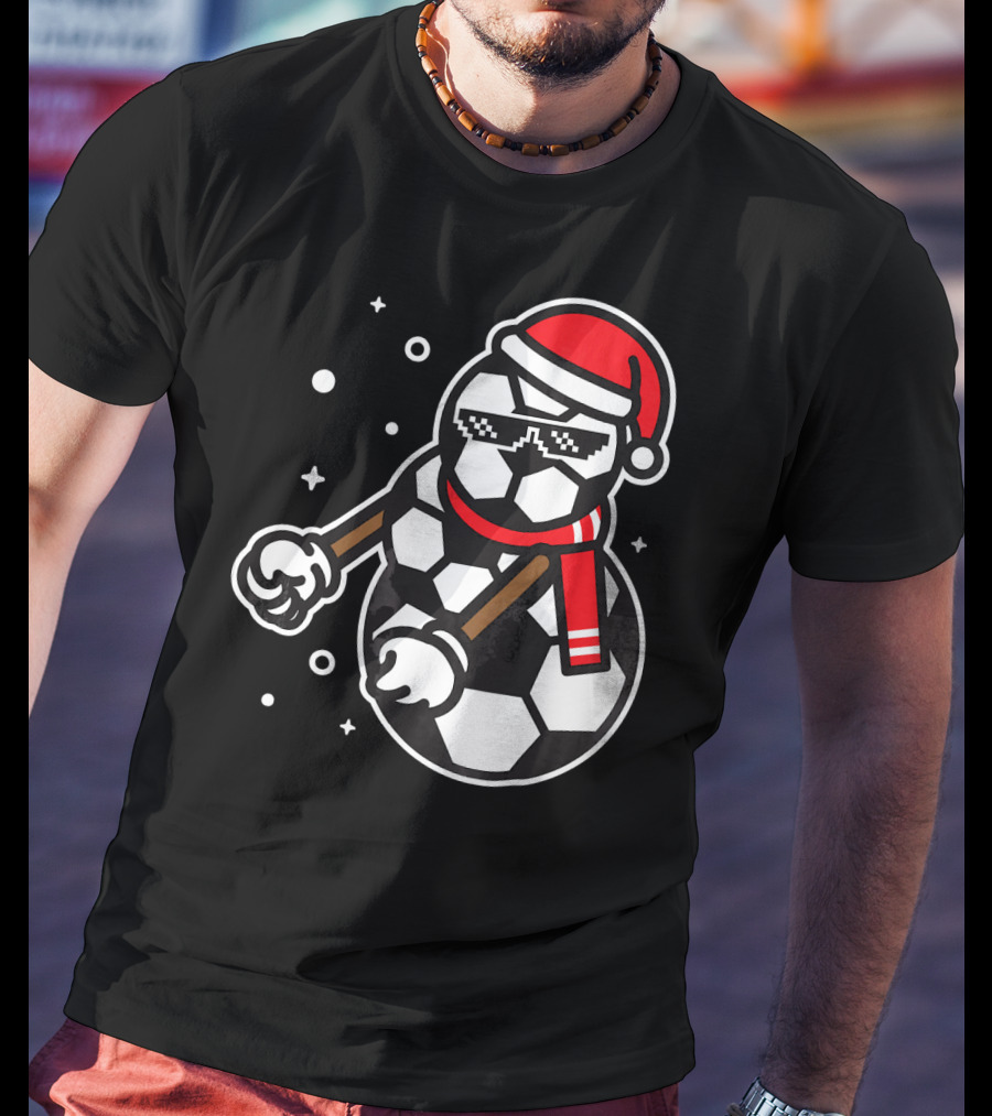Soccer Player Snowman Funny Boy Girl Christmas Cool Santa Hat Pixel Glasses T-Shirt