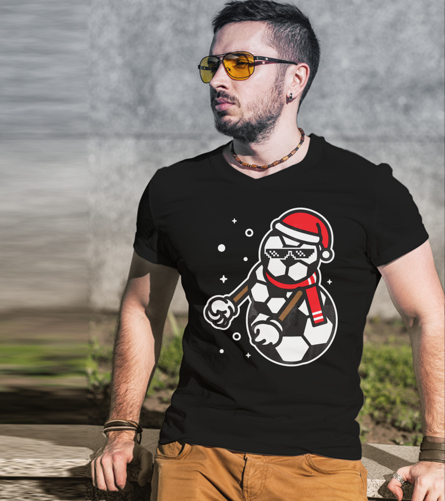Soccer Player Snowman Funny Boy Girl Christmas Cool Santa Hat Pixel Glasses T-Shirt