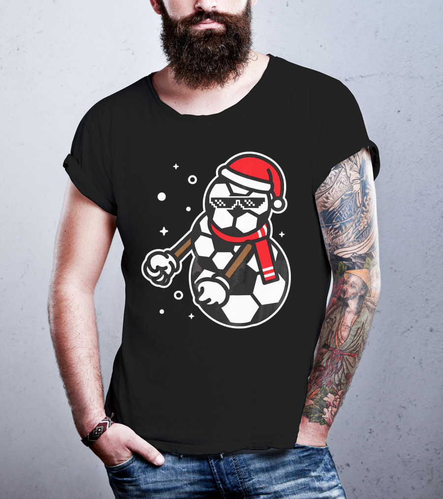 Soccer Player Snowman Funny Boy Girl Christmas Cool Santa Hat Pixel Glasses T-Shirt