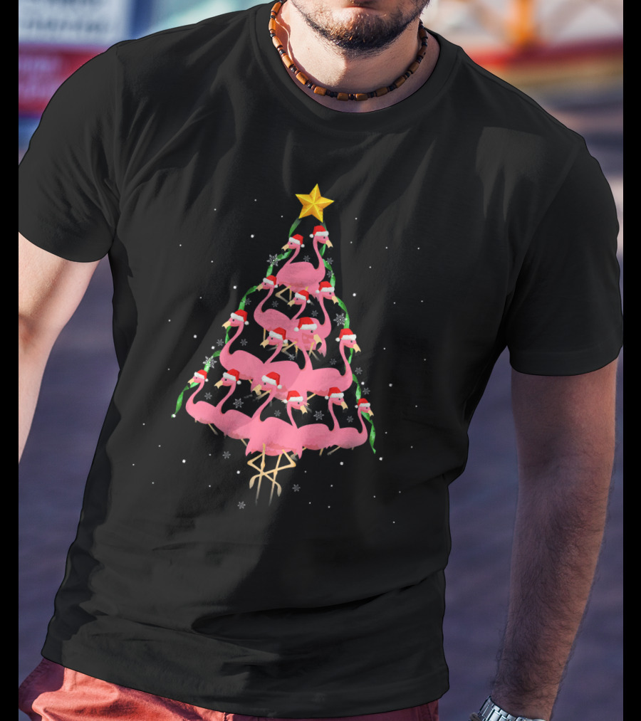 Funny Pink Flamingo Christmas Tree With Santa Hats And Star Topper T-Shirt
