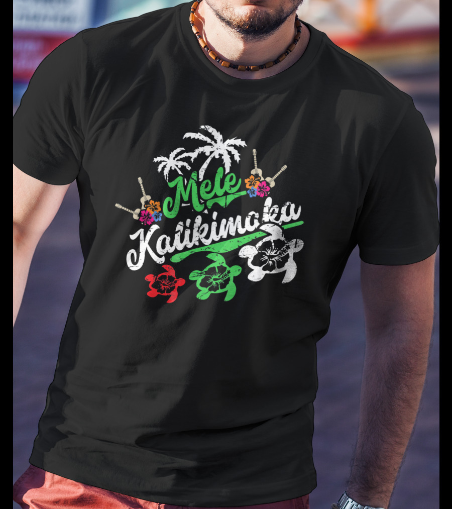 Mele Kalikimaka Hawaiian Turtles Palm Trees Flowers T-Shirt