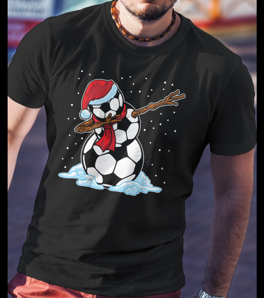 Santa Hat Soccer Ball Snowman With Red Scarf Dabbing In Snowflakes T-Shirt