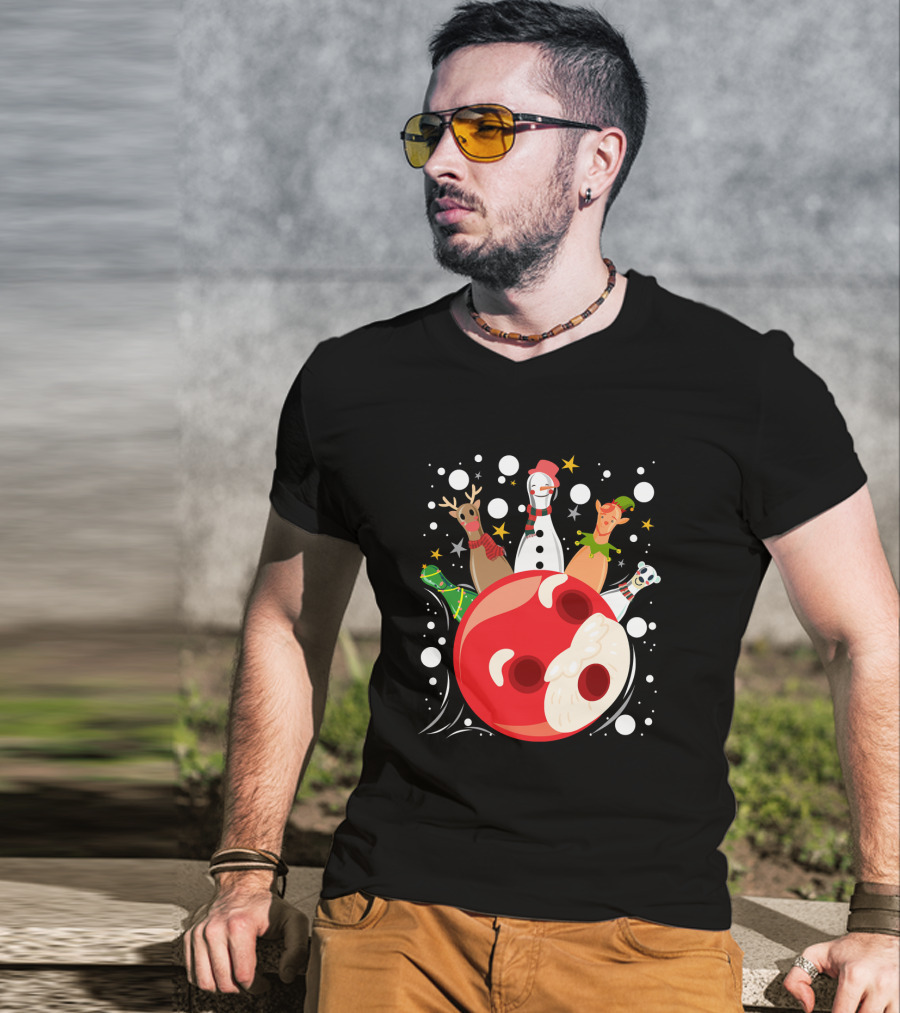 Bowling Pin Christmas Snowman Reindeer Elf Funny Bowler T-Shirt
