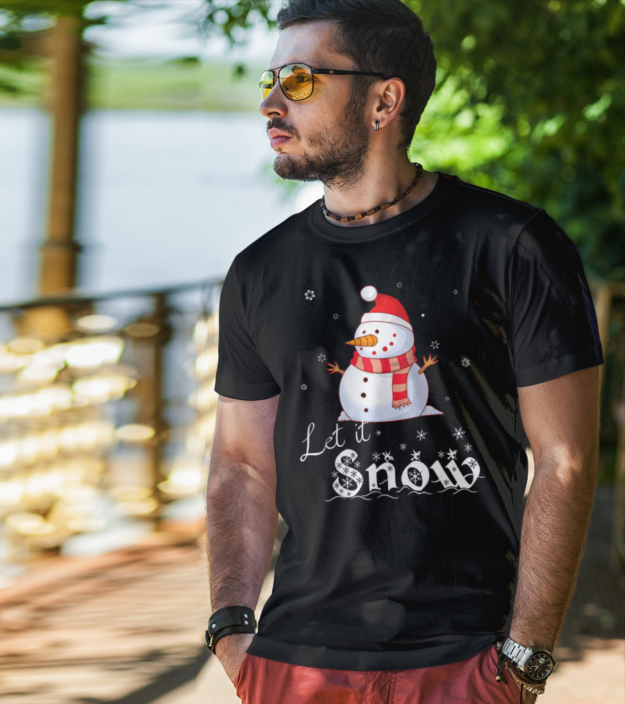 Let It Snow Cute Snowman In Santa Hat And Scarf With Snowflakes T-Shirt