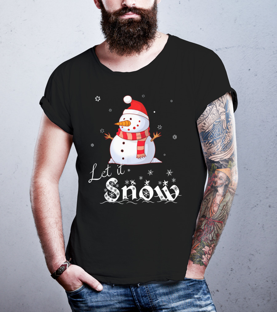 Let It Snow Cute Snowman In Santa Hat And Scarf With Snowflakes T-Shirt