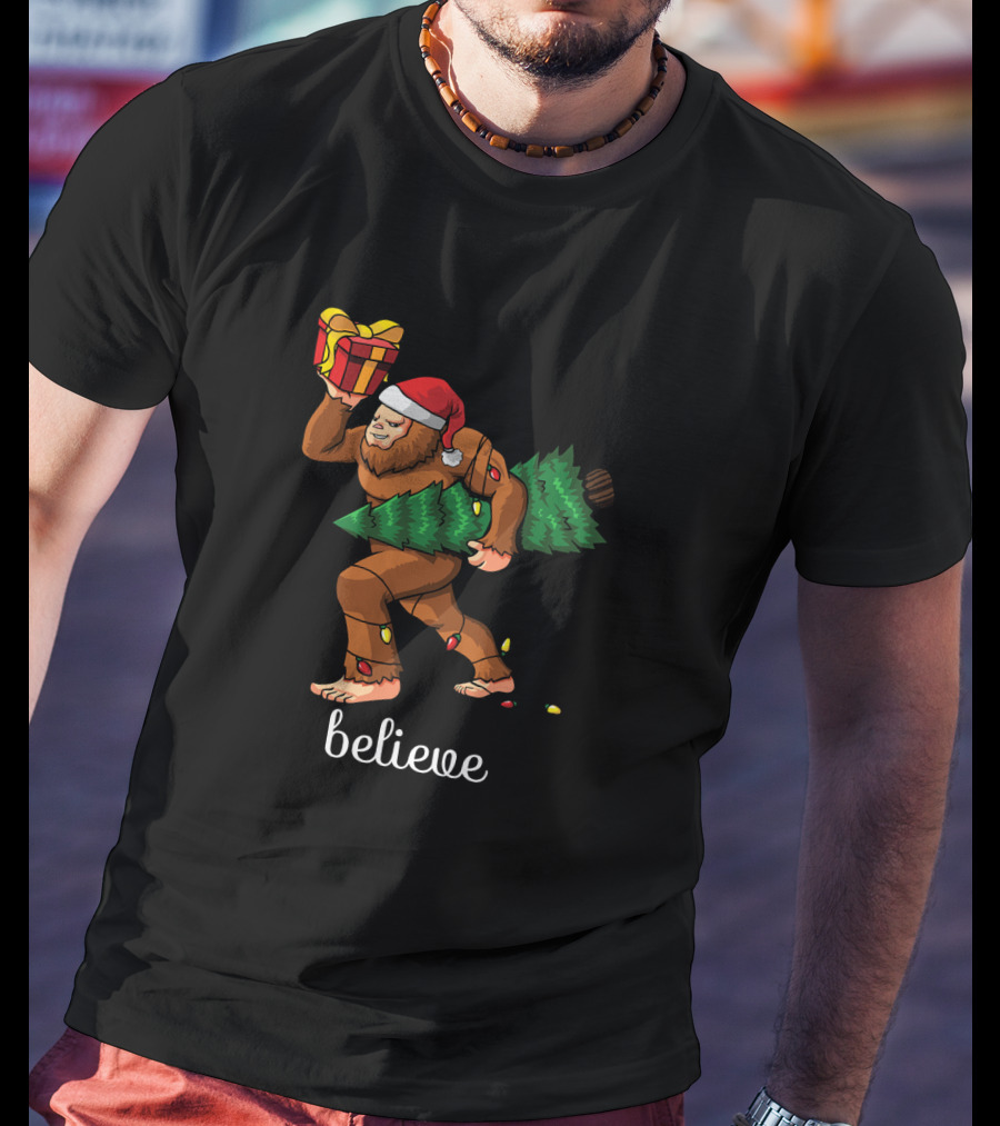 Believe Bigfoot Christmas Tree Sasquatch Santa Hat Gift T-Shirt