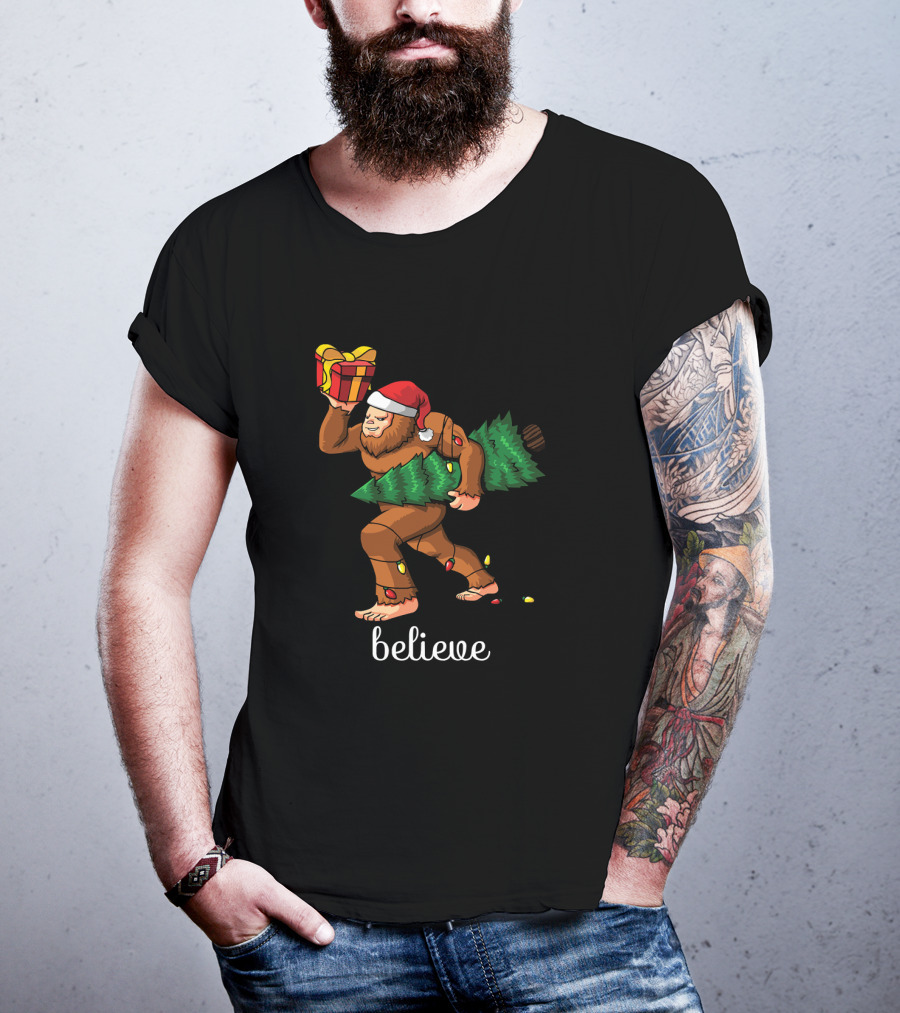 Believe Bigfoot Christmas Tree Sasquatch Santa Hat Gift T-Shirt