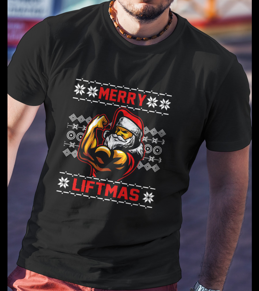 Merry Liftmas Ugly ChristmasGym Santa Claus Muscles Flexing Festive Snowflakes T-Shirt
