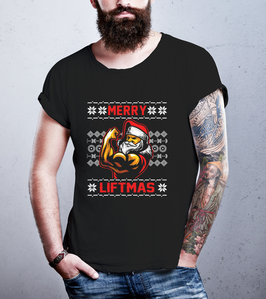 Merry Liftmas Ugly ChristmasGym Santa Claus Muscles Flexing Festive Snowflakes T-Shirt