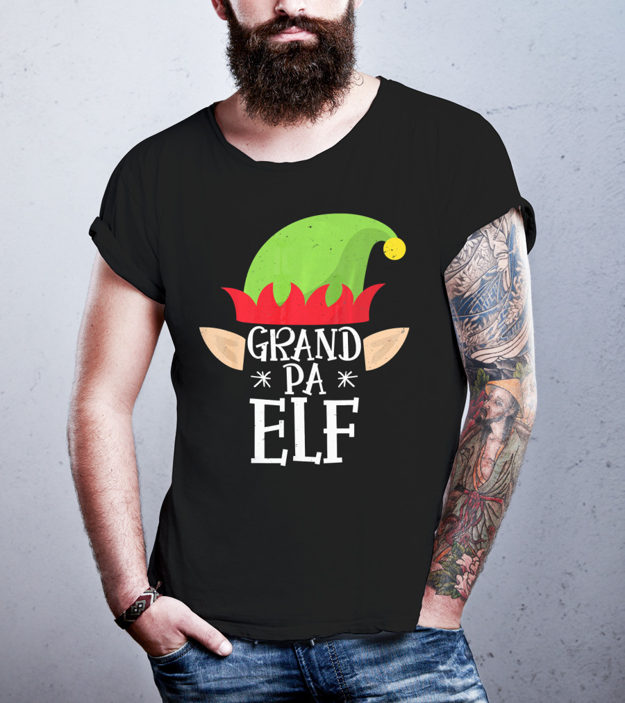 Grandpa Elf Funny Christmas Family Match Holiday Hat And Ears T-Shirt